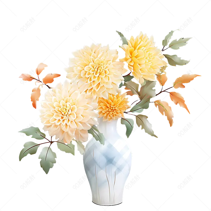 黄绿色古风小清新菊花插在花瓶里客厅摆放物插画免抠元素