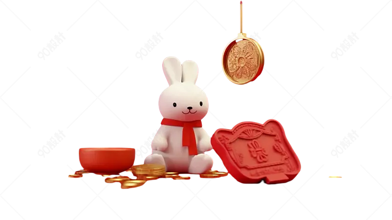 白色戴围巾的兔子金币装饰元素