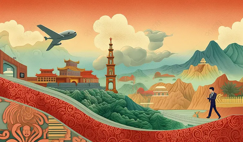 长城云海山峰插画海报背景图