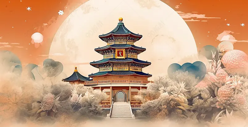 国潮风建筑中秋节壁画背景