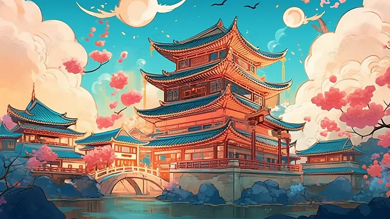 多云蓝色天空国潮古建筑湖景湖泊宫殿白云国风插画