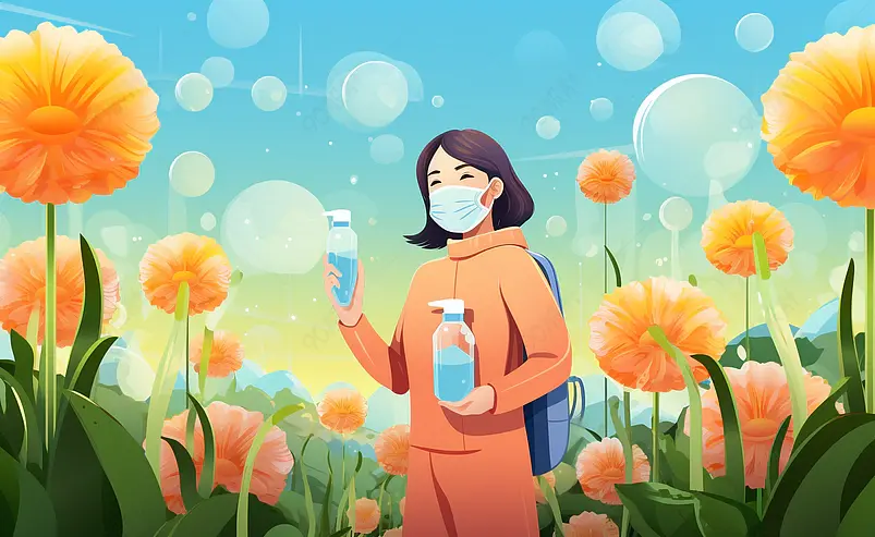 科学疫情防护戴口罩喷酒精插画海报酒精抗疫泡泡