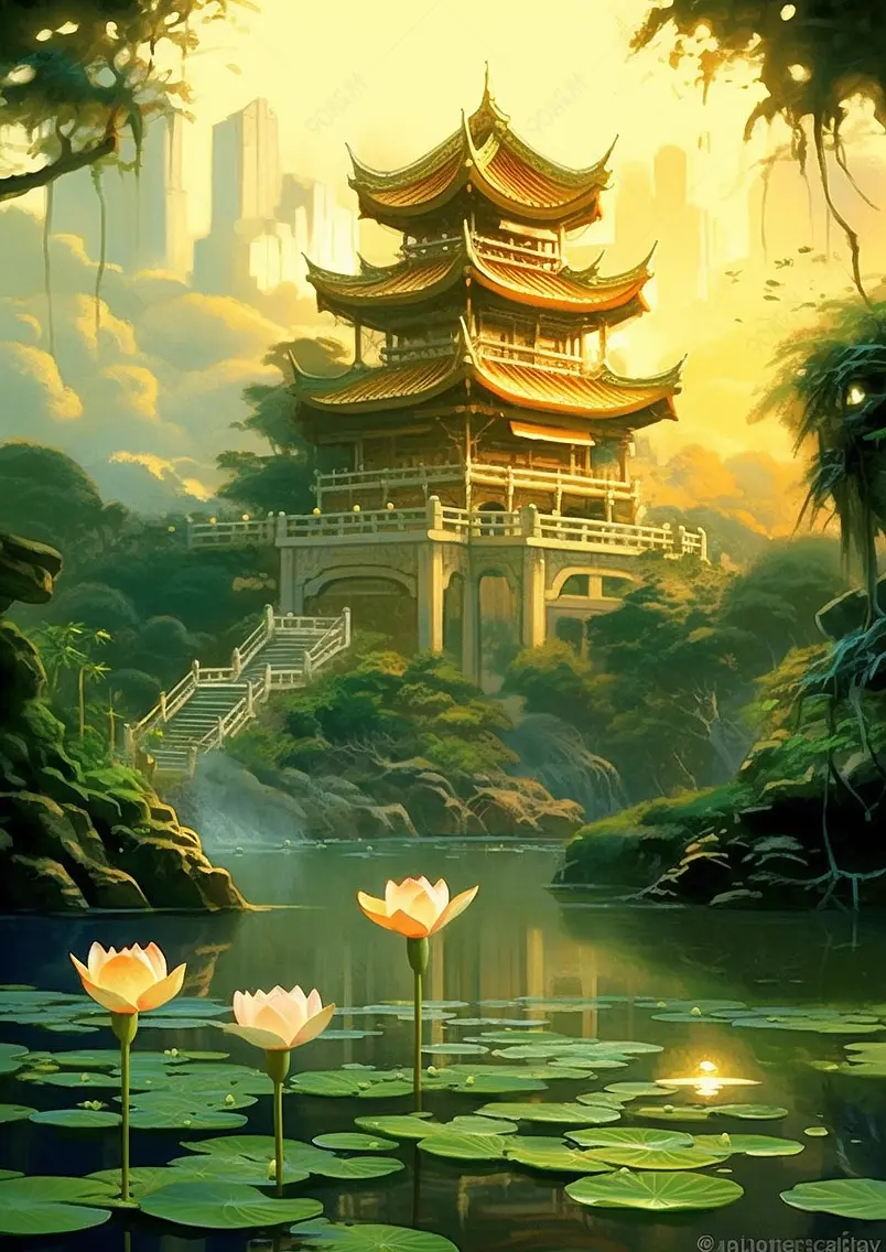 滕王阁建筑国潮风插画背景