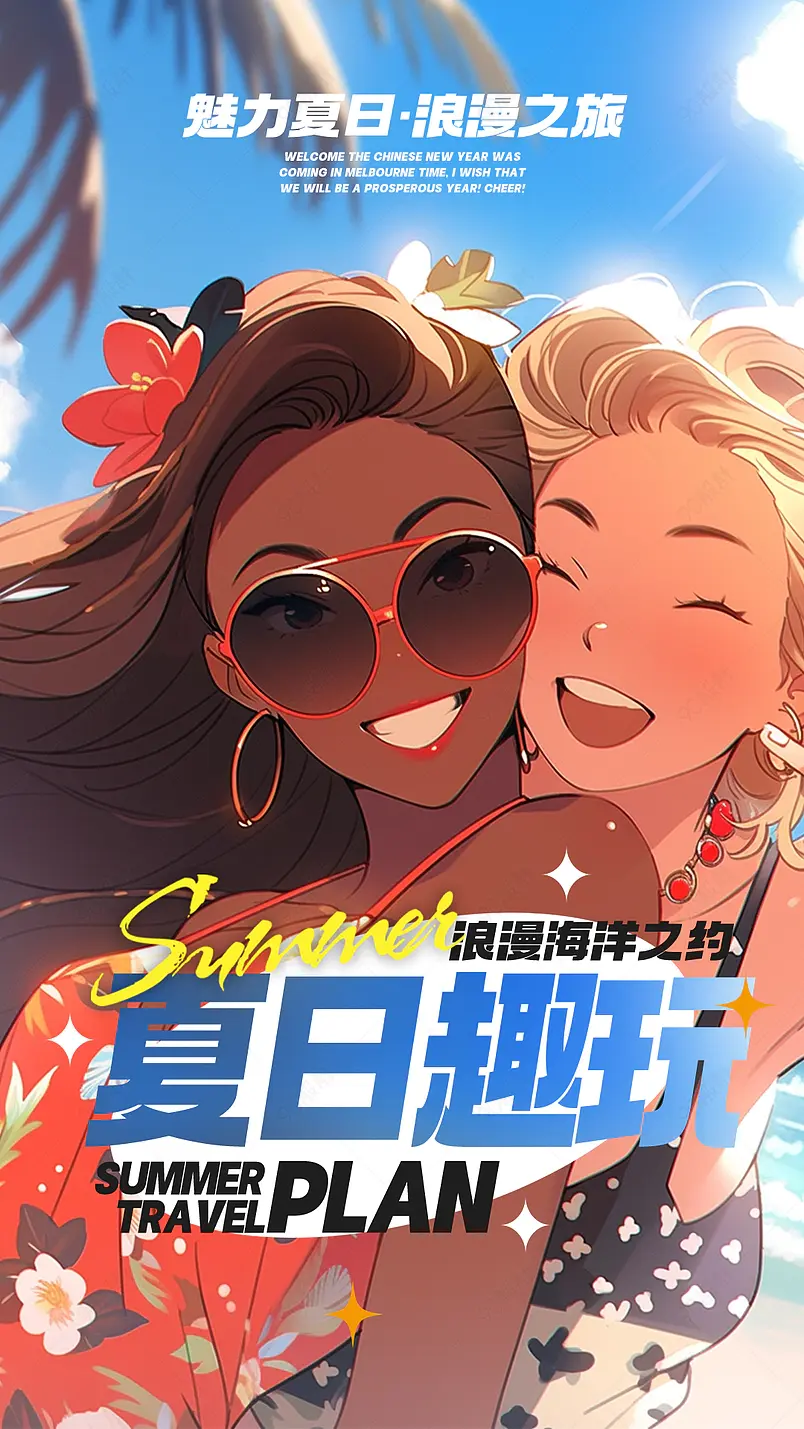 卡通手绘可爱微笑女孩夏日旅游宣传海报