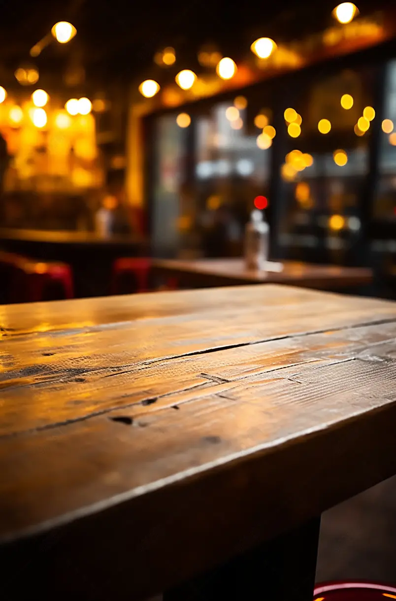 木桌子与散景背景