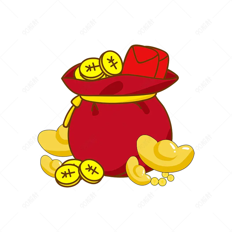 红色新年金币元宝福袋png元素