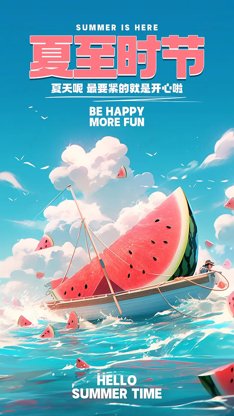夏至时节卡通手绘插画西瓜大海节气海报