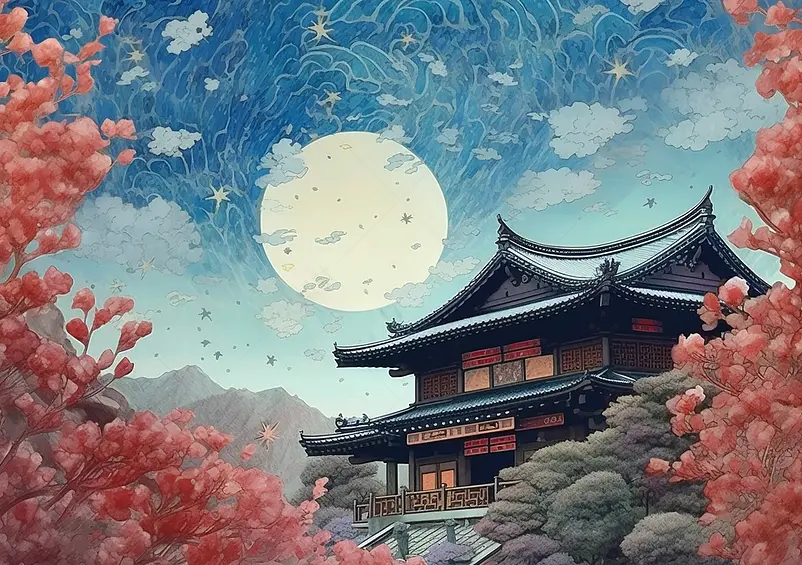 蓝色夜空红色树木清晰圆月古建筑国潮节日背景插画
