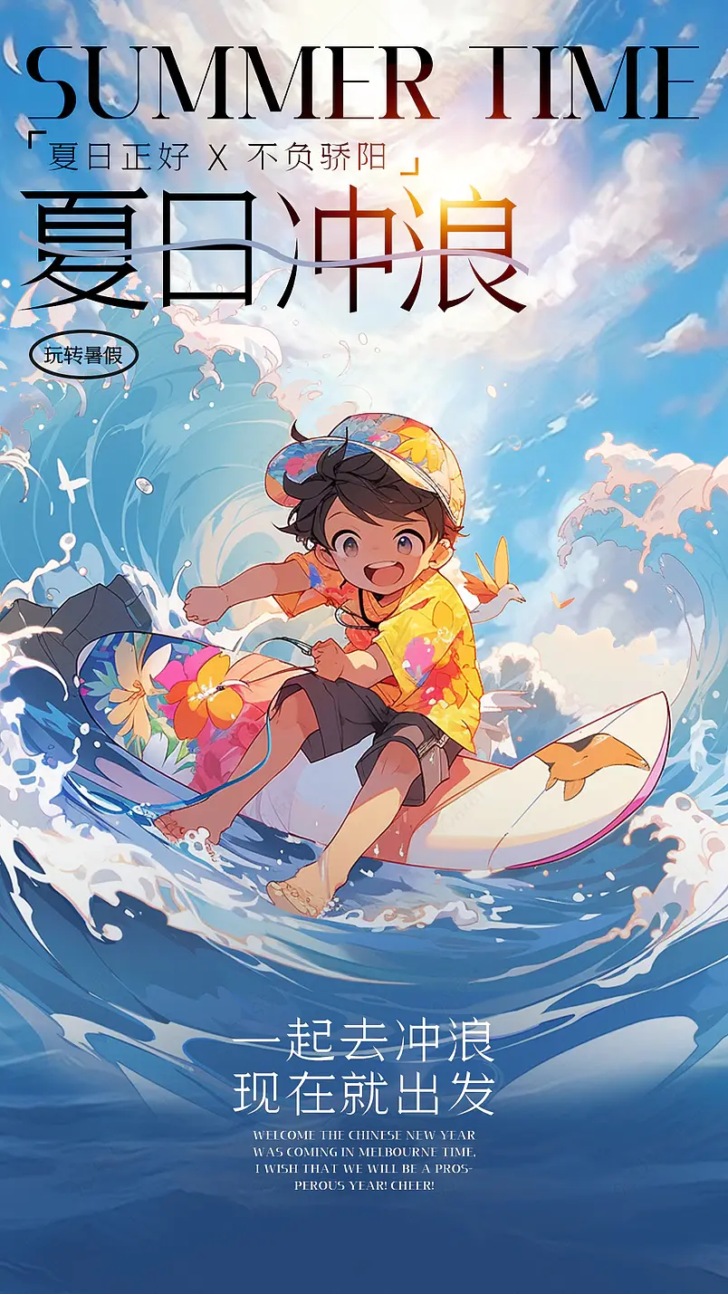卡通手绘大海冲浪男孩夏日旅行海报