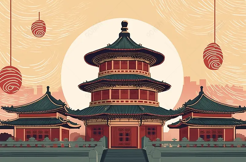 对称祈祷祷告塔阁楼楼阁故宫殿堂天坛中国风国潮插画