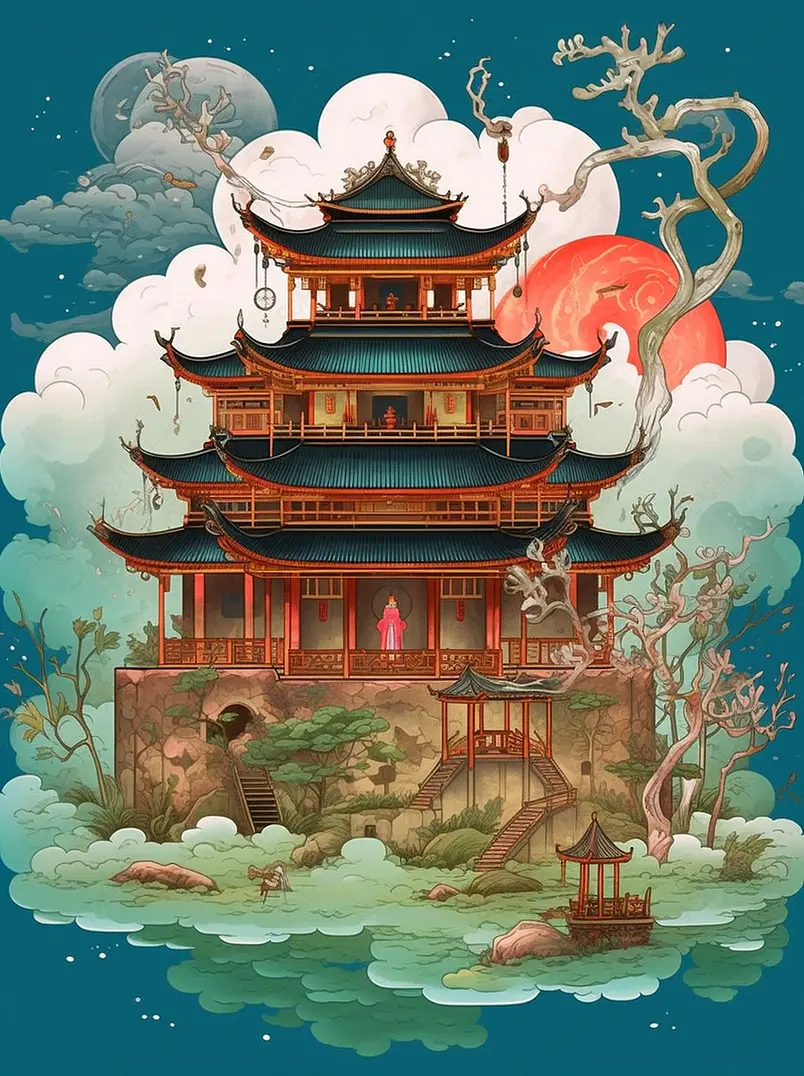 中国风楼阁国潮风节日中秋插画背景