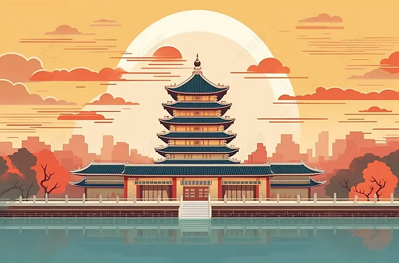 中国风国潮手绘西安大雁塔建筑插画背景图