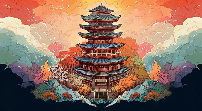 国潮风武汉黄鹤楼地标建筑背景山水画
