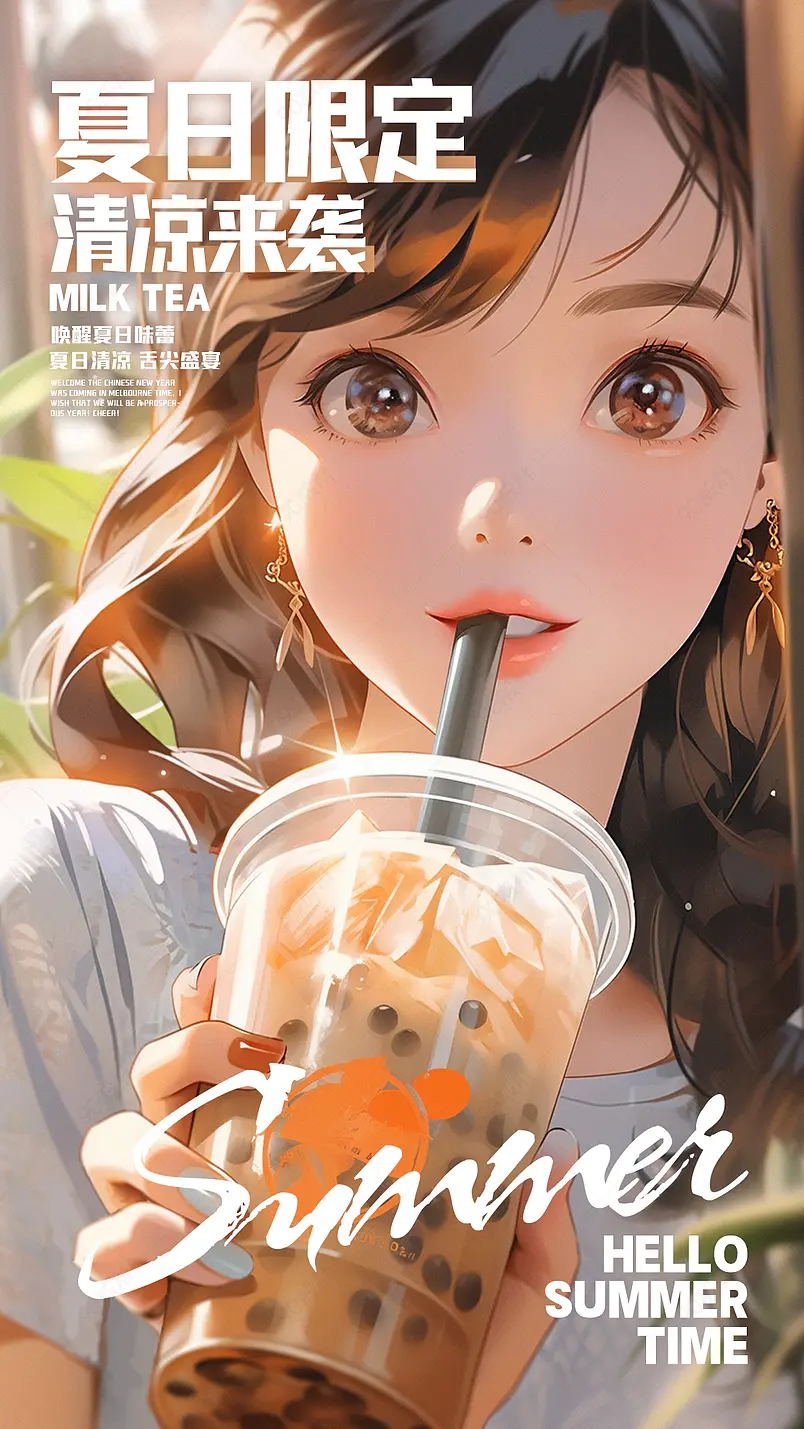 卡通手绘可爱女孩奶茶饮品夏日美食海报