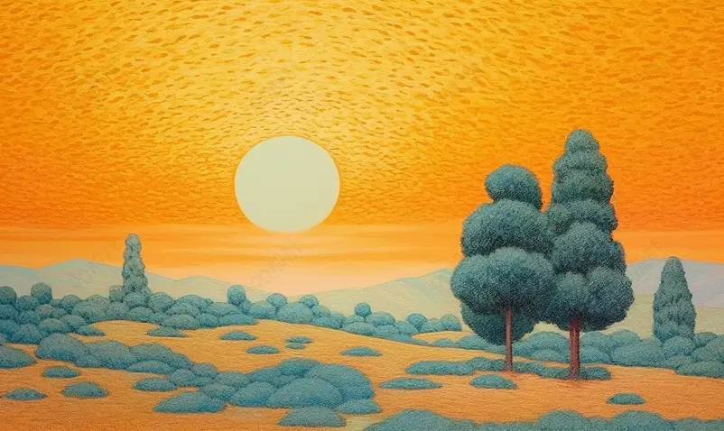 夕阳落日风景印象派油画