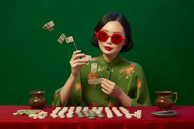美女手举麻将国潮国风日常生活