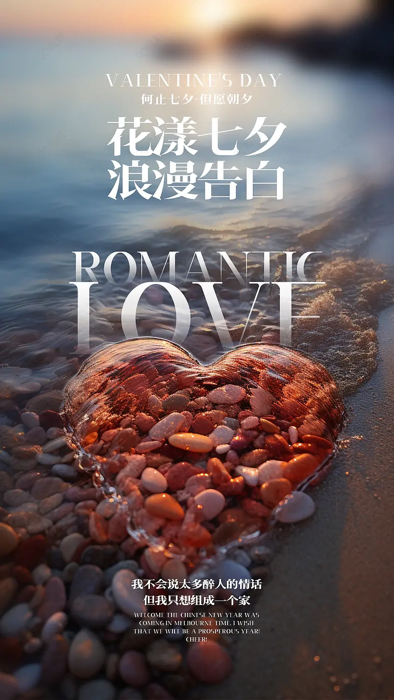 爱心鹅卵石沙滩七夕情人节节日海报