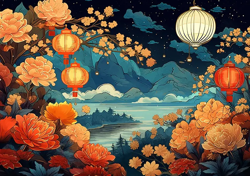 国潮中国风高山流水旁牡丹灯笼节日插画