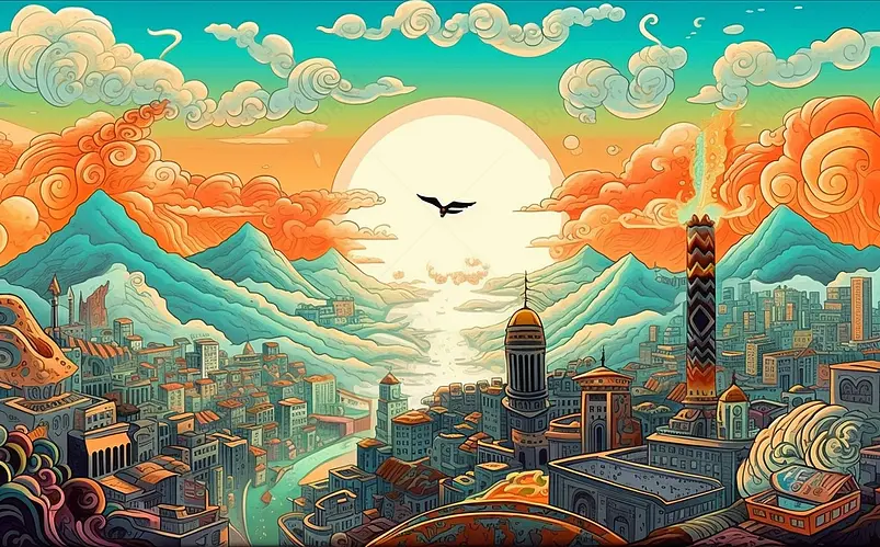 工业现代化山峰夕阳鸟群飞翔春天夏天国潮城市插画