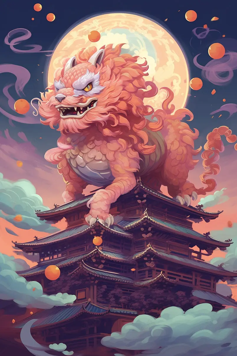 夜空满月下踏在古风建筑房顶的麒麟祥瑞中国风插画国潮