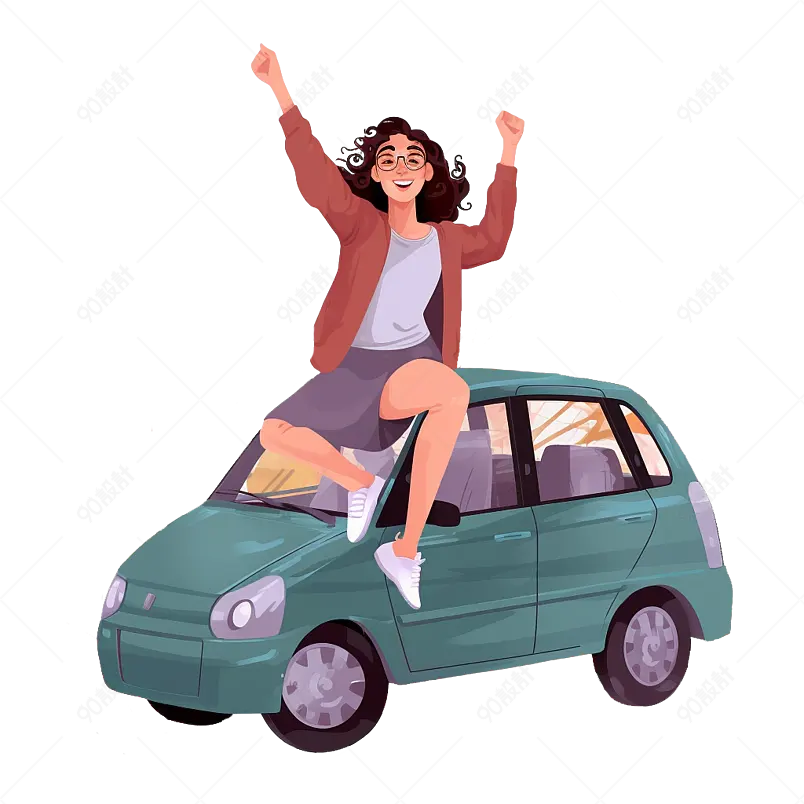 手绘坐在汽车上的女人出游旅行
