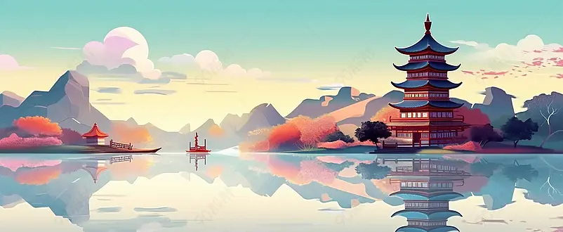 中国风国潮风山水建筑意境插画