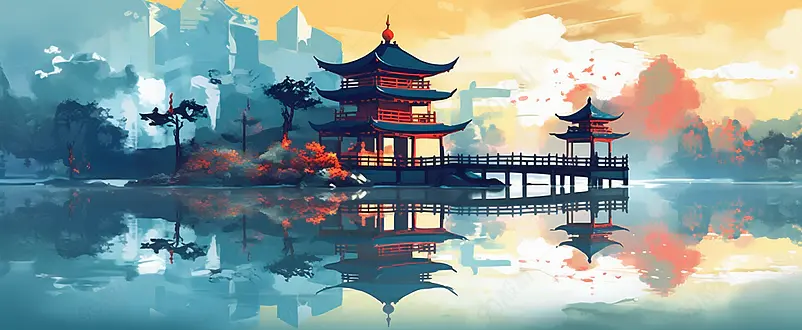 国潮风山水建筑意境插画背景图
