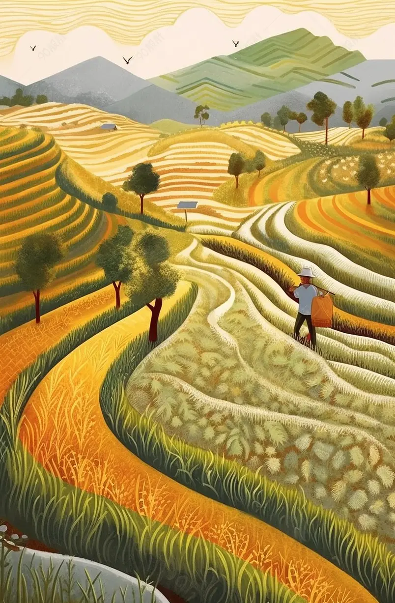 一个农民大爷正走在田野间的小路上插画