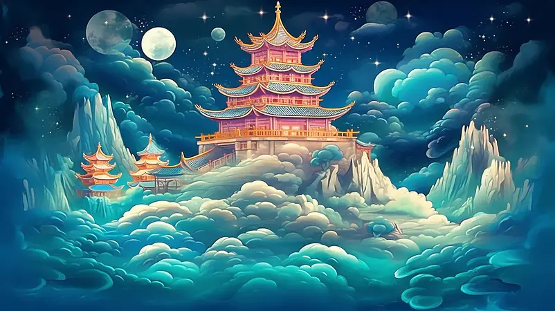 祥云国潮中国风古典建筑楼阁插画