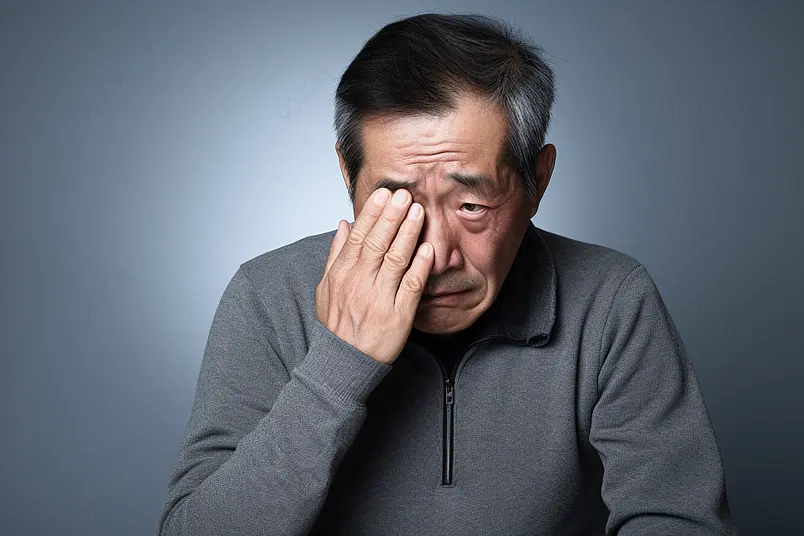 在家的老人疲劳按压睛明穴人物摄影