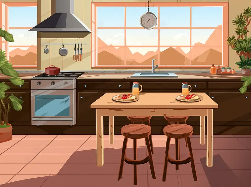 户外风景厨房场景烤箱插画