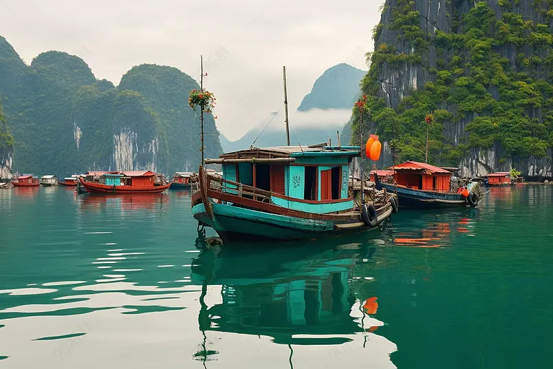 越南河隆湾的浮渔村