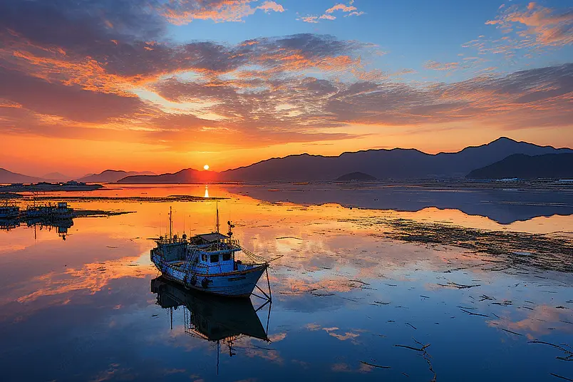 黄昏夕阳下的海上渔村拍摄