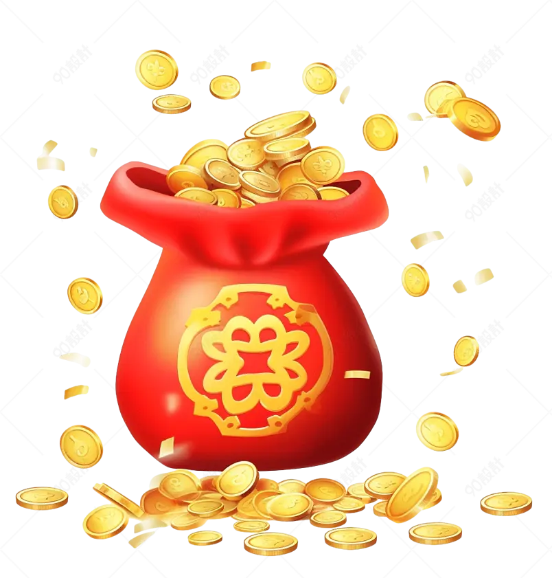 红色图案钱袋金币堆卡通手绘装饰元素