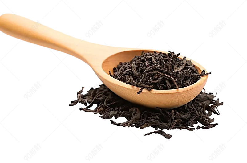原木色用质感上乘的木勺子装着干红茶洒落在四周实物免抠元素