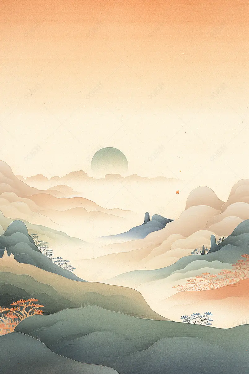 日落下的古风简约景观水墨山水画风景手绘背景