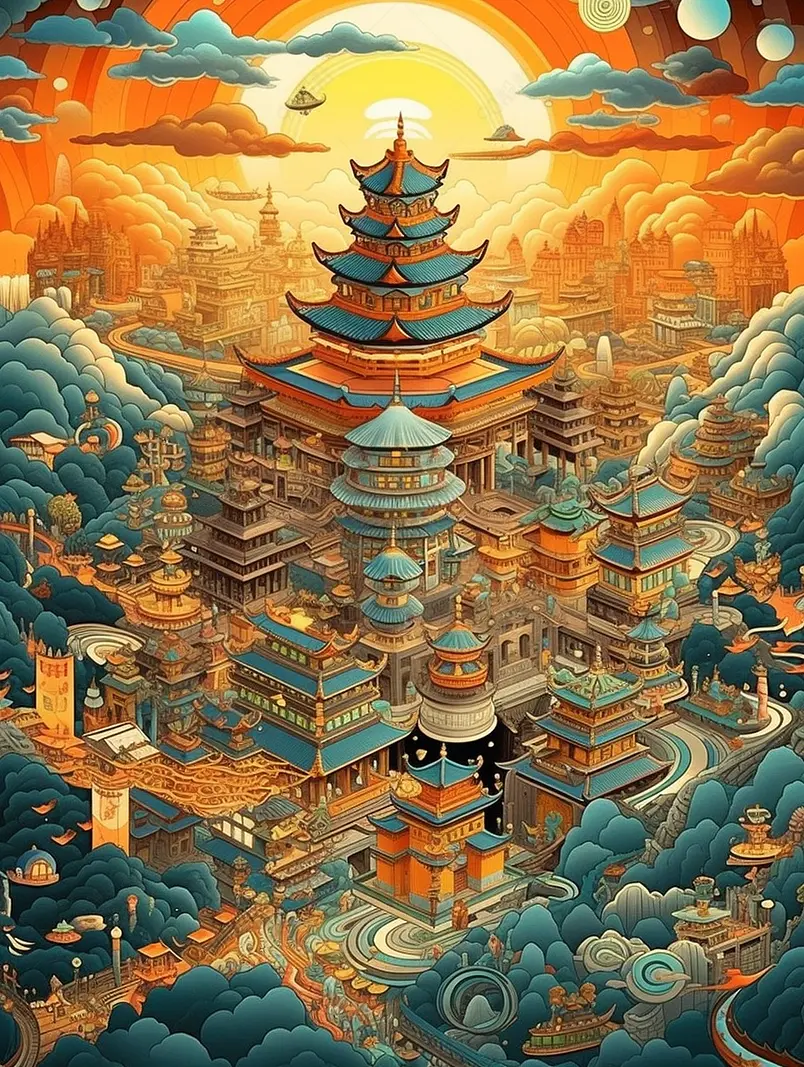 热闹集市传统建筑中国风国潮插画背景
