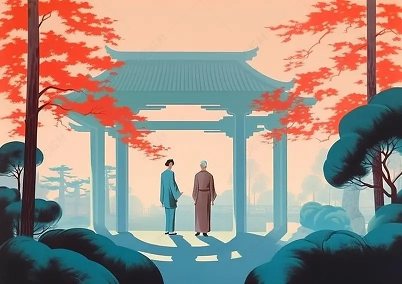 背影情人节国风双人站立古代建筑庭院国潮红色插画