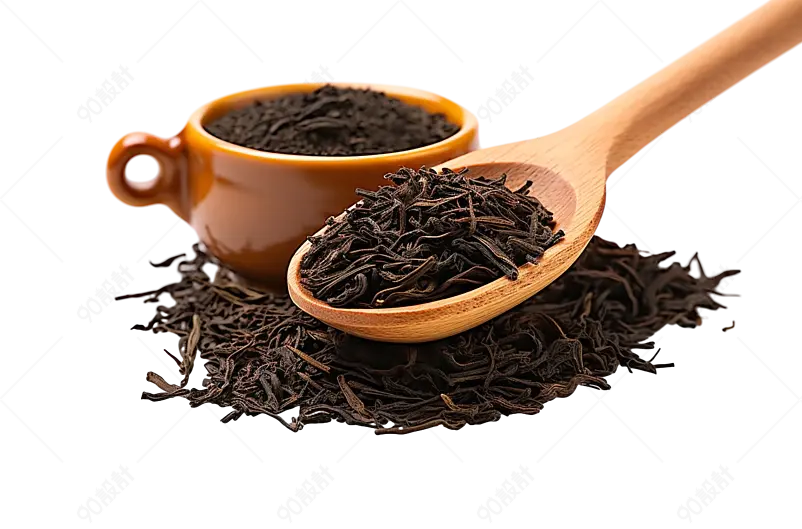 原木色用木勺子木质茶杯装着干红茶洒落在四周实物免抠元素