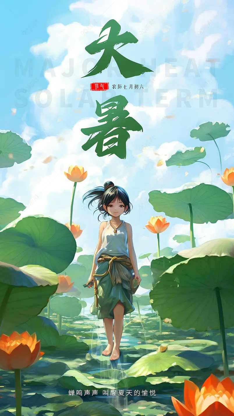 大气国风大暑节气夏日清爽荷叶品宣地产宣传海报