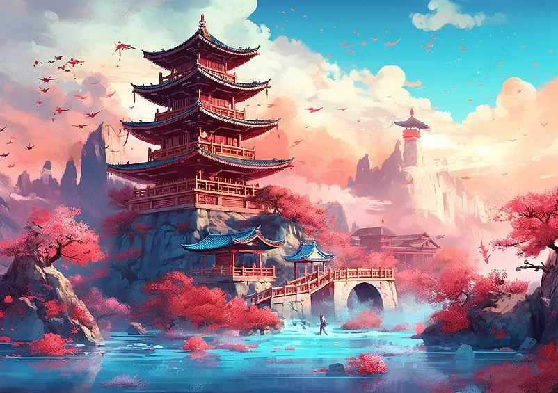 中式古建筑山水国潮风插画背景