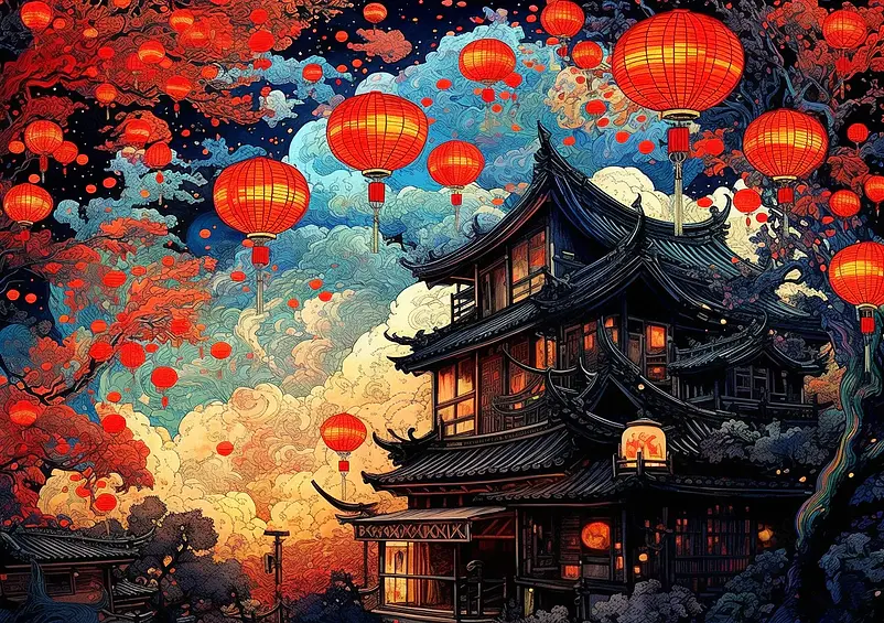 枫树树木枝头挂红灯笼客栈古建筑国潮节日背景插画