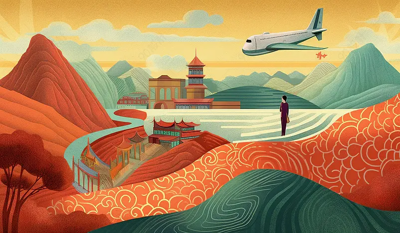 青绿色建筑大好河山古风插画背景图