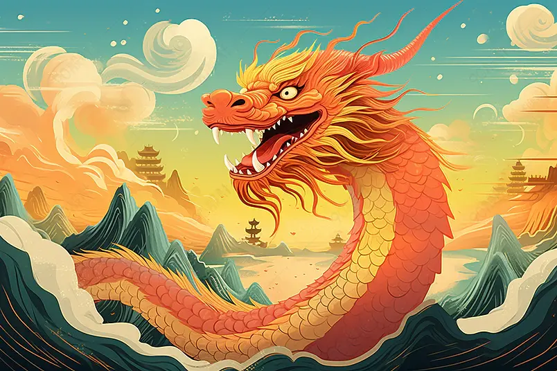 国潮风二月二龙抬头国潮山水风景插画背景