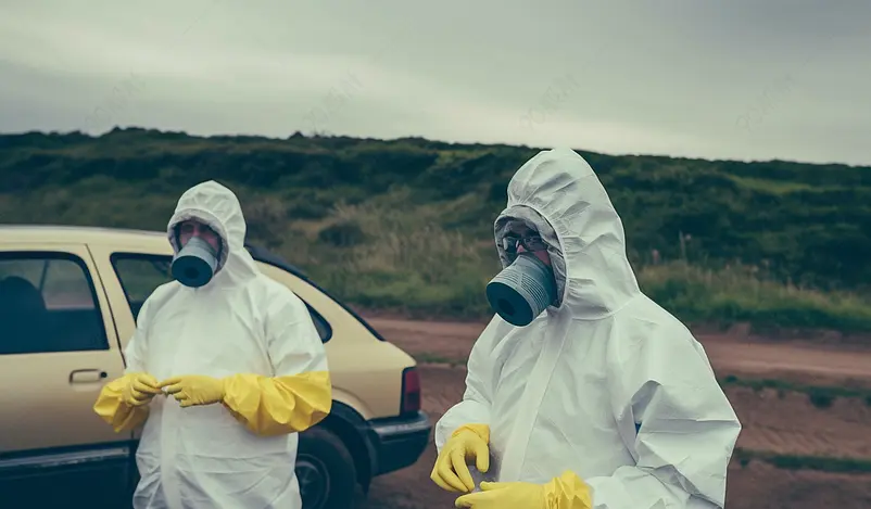 两个男人穿戴面具手套和白色防护服