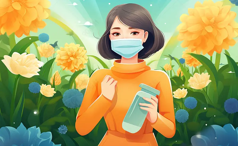 科学疫情防护戴口罩喷酒精插画海报隔离居家口罩