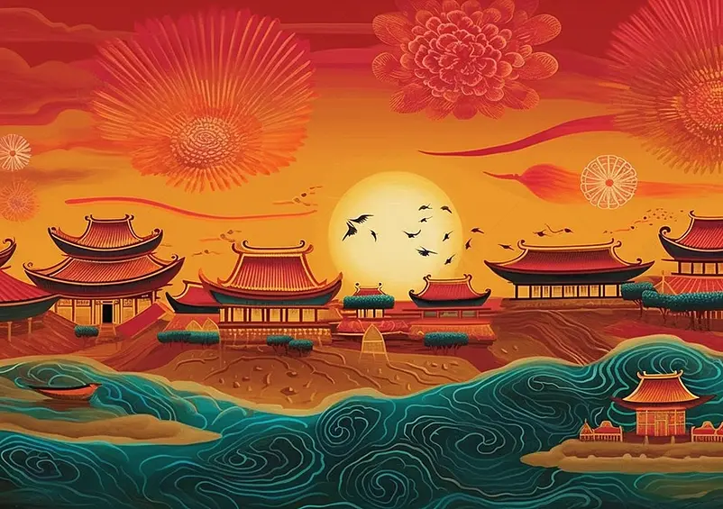 烟花河堤河畔故宫宫殿国潮中国风祥云天空浪漫背景