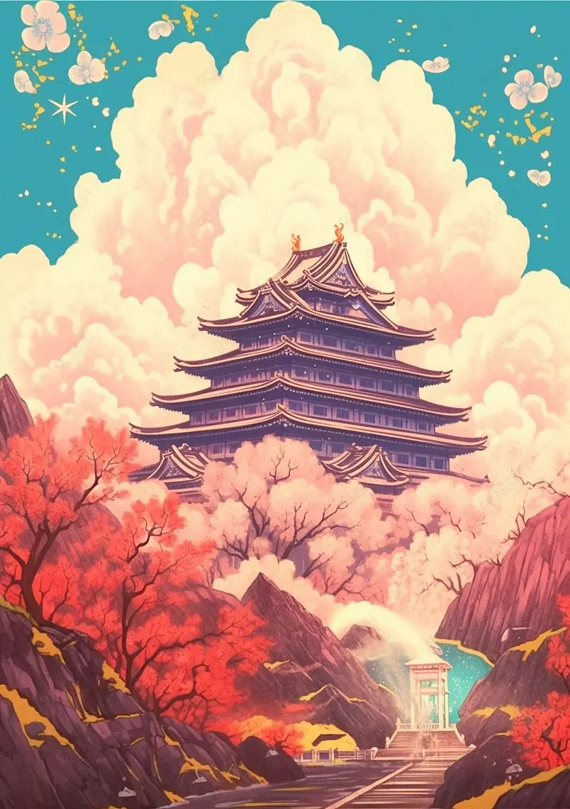 唯美浪漫主义中国风国潮滕王阁插画