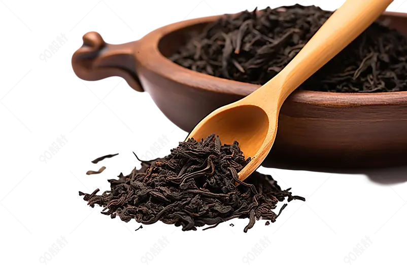 原木色用木勺子碗具碗碟装着干红茶洒落在四周实物免抠元素