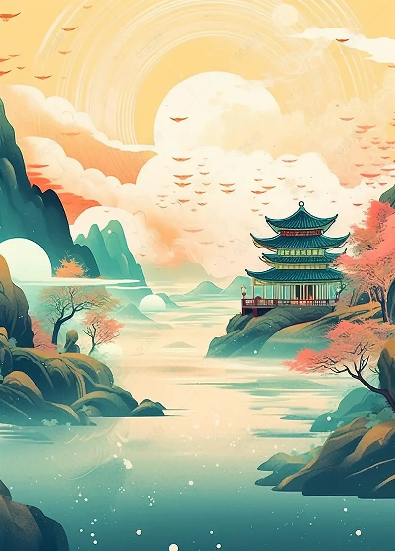 国潮古风插画古代建筑山水图